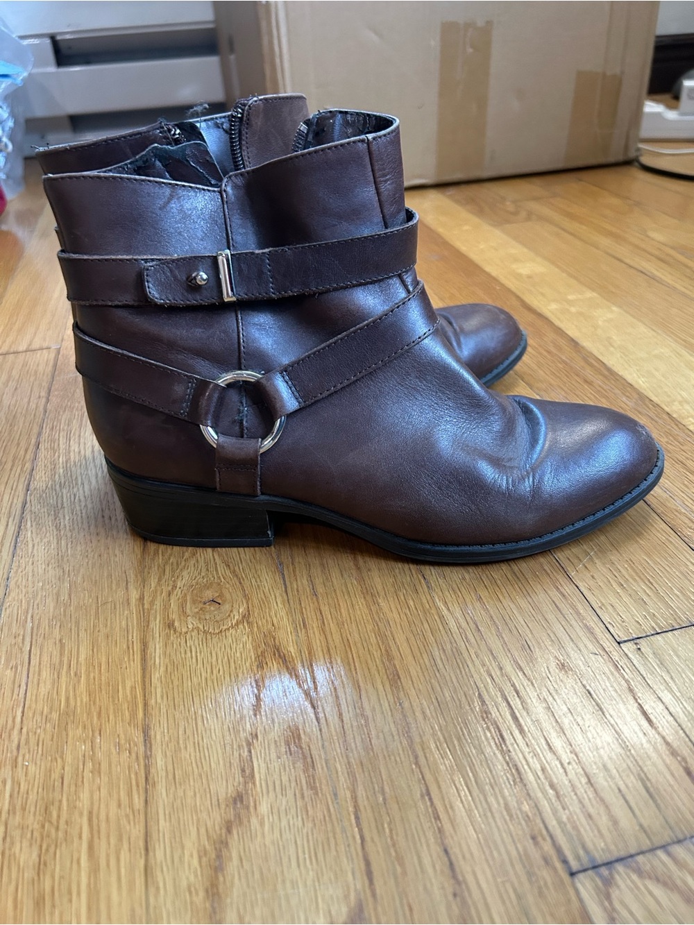 Polo by Ralph Lauren Brown Leather Ankle Booties with Ring Strap Detail